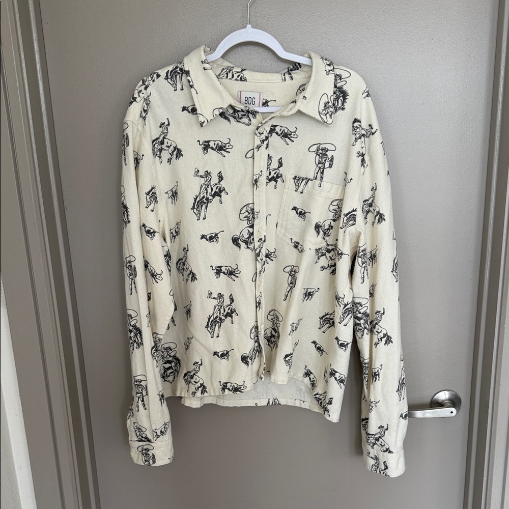 BDG Cream Button Down with Black Horse Graphic